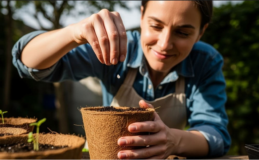 Vrouw zaait plantjes in potjes
